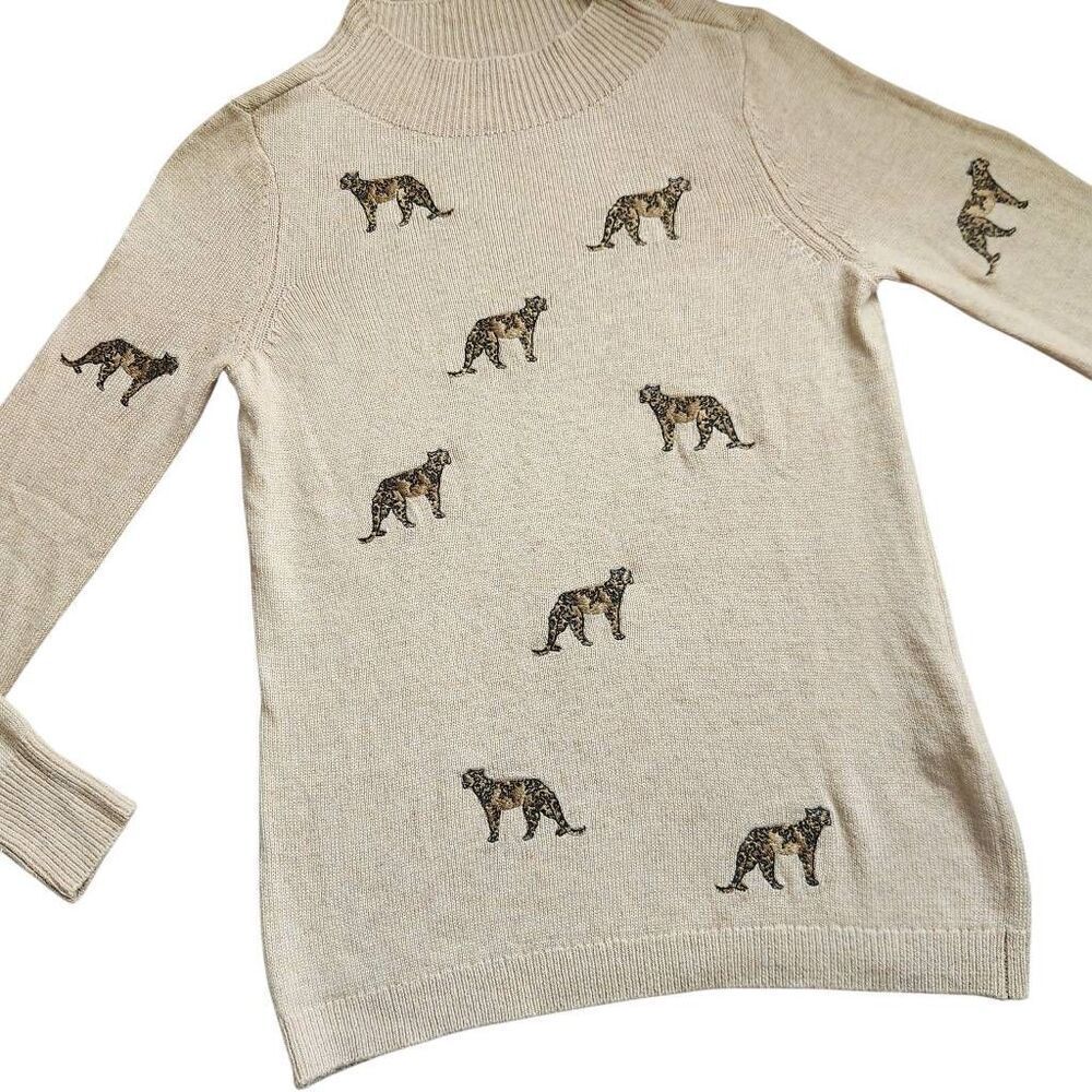 Chicos Sweater Womens Medium Wool‎ Cashmere Blend Embroidered Cheetah Tan Animal